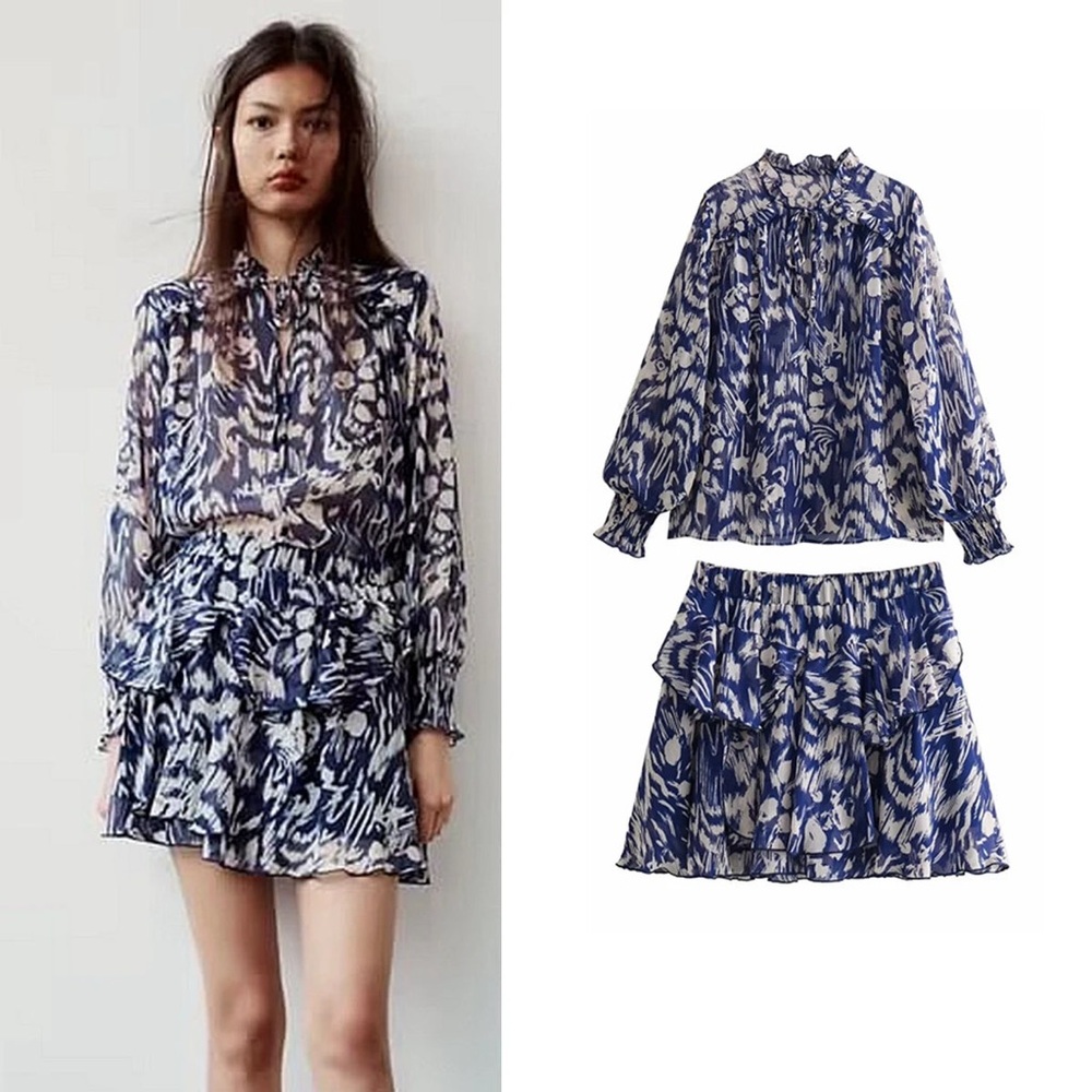Zara set of 2 Navy and white Abstract Blouse and skirt in size S